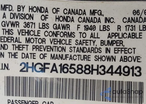 2008 Honda Civic Lx z USA, uszkodzony, nr VIN 2HGFA16588H344913